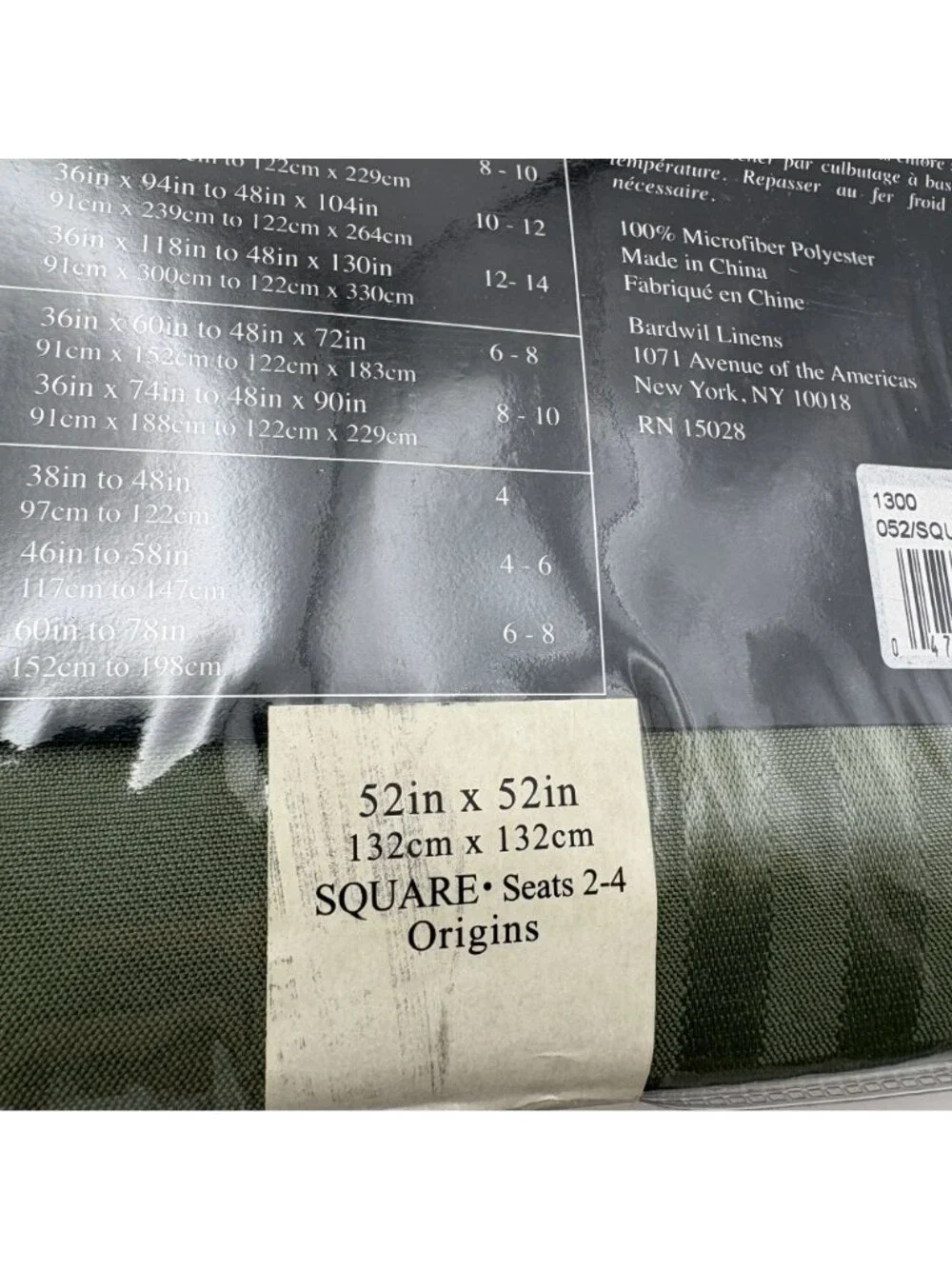 Origins Microfiber Tablecloth 52 Inch Square Sage Green Spill-Proof Dining